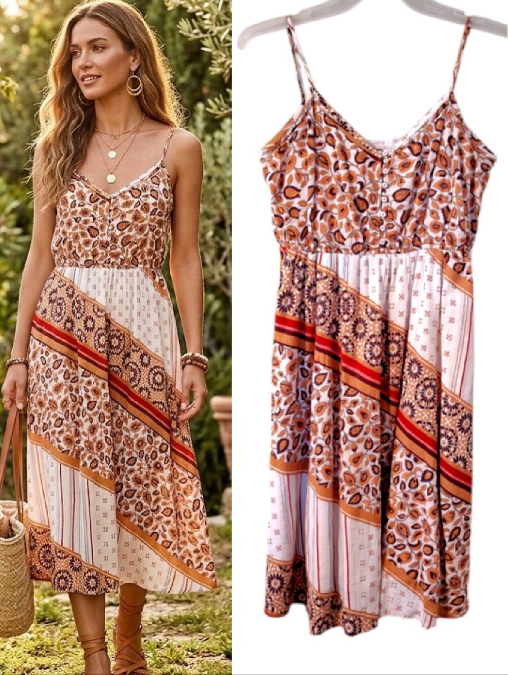 Aerie Multi Floral Paisley Print Midi Boho Summer Dress Large Cream Tan Pink